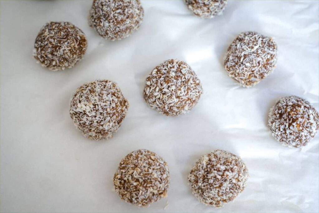 almond butter balls rolled in coconut