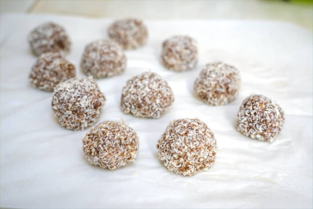Almond butter balls rolled in coconut