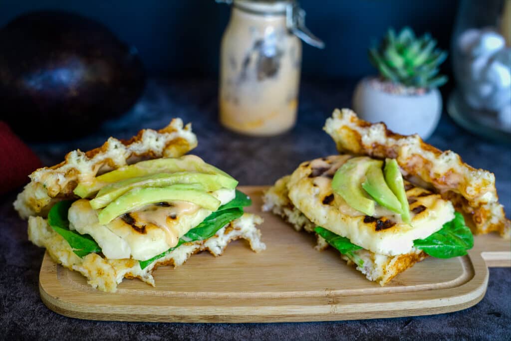 halloumi avocado sandwich with a chaffle