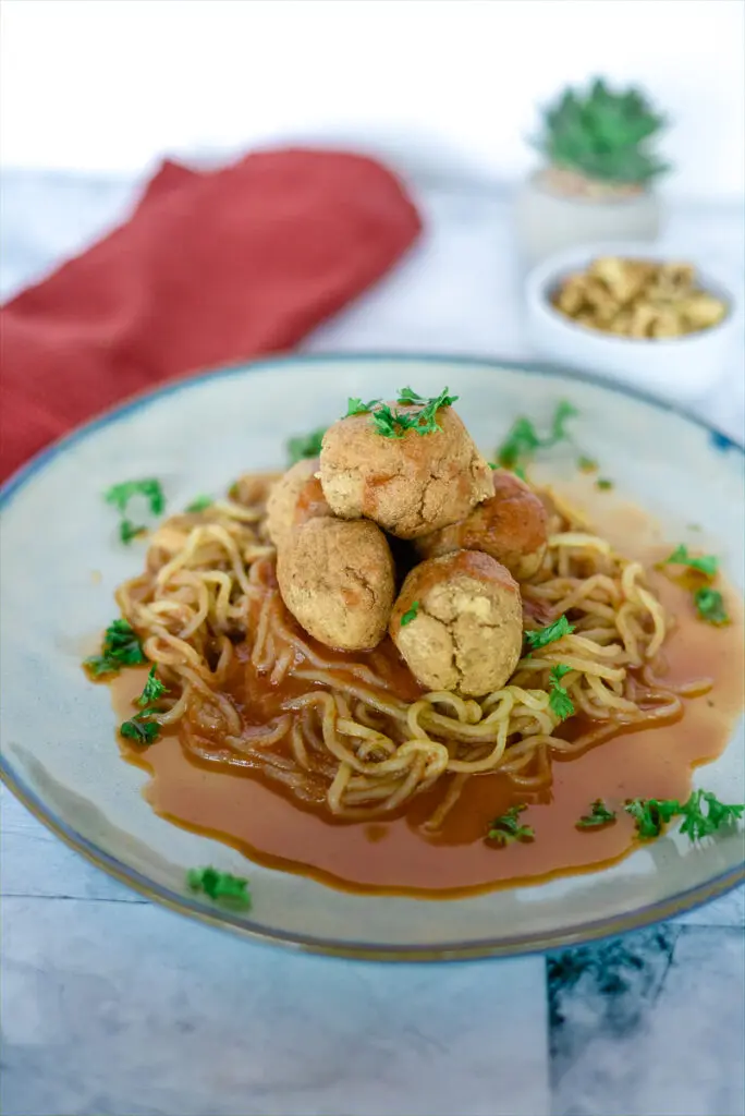 tofu walnut balls on low carb noodles