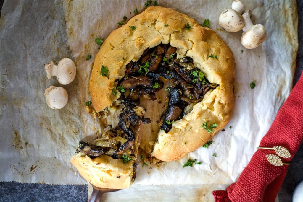 mushroom galette with an almond and coconut flour pastry.