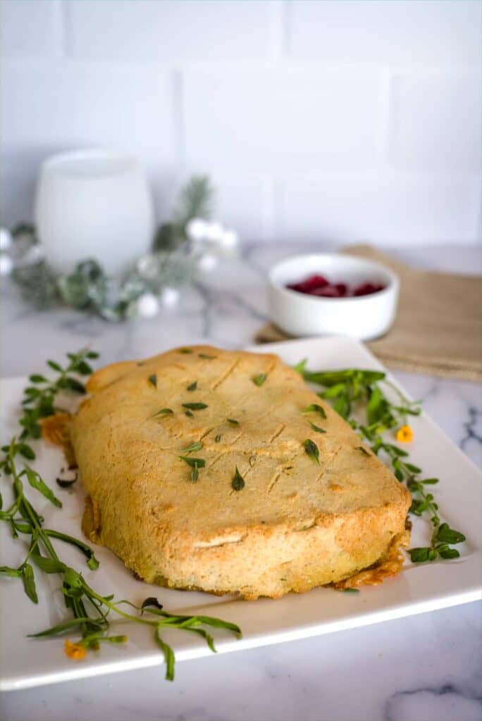 vegetarian mushroom wellington with a coconut flour pastry.