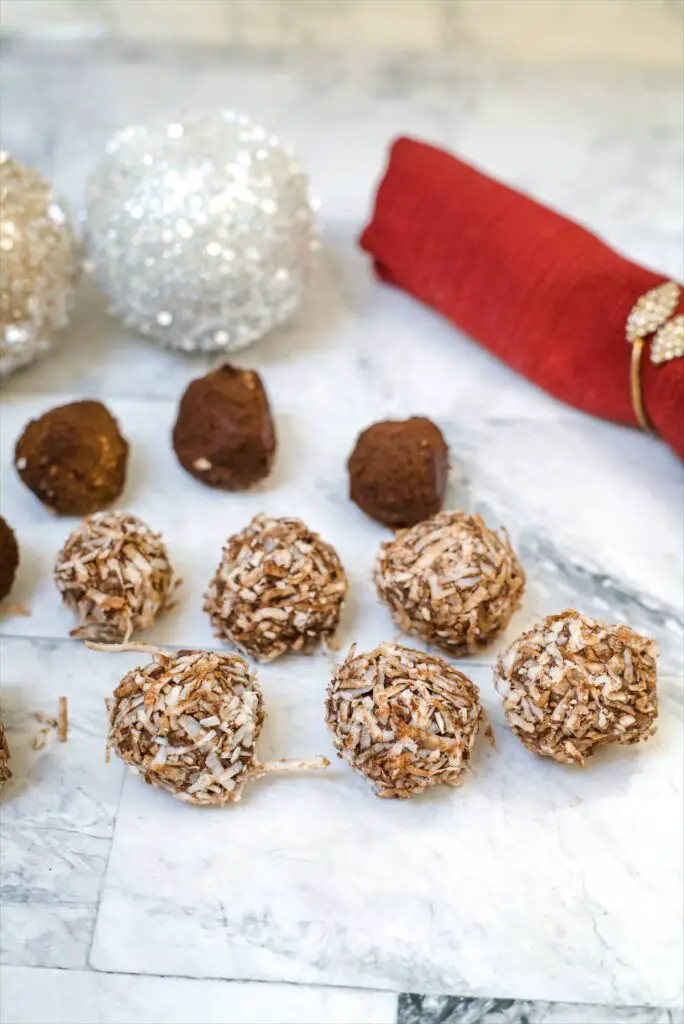 chocolate rum balls with coconut coating