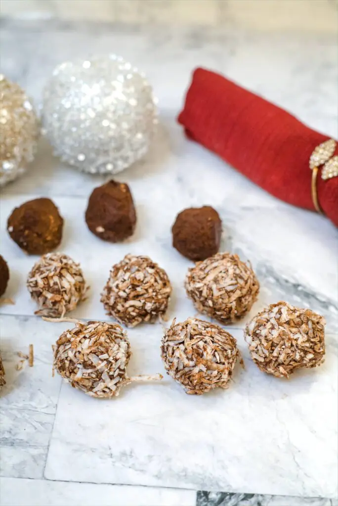 chocolate rum balls with coconut coating