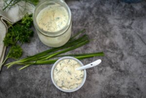 ranch dressing in a bowl and jar