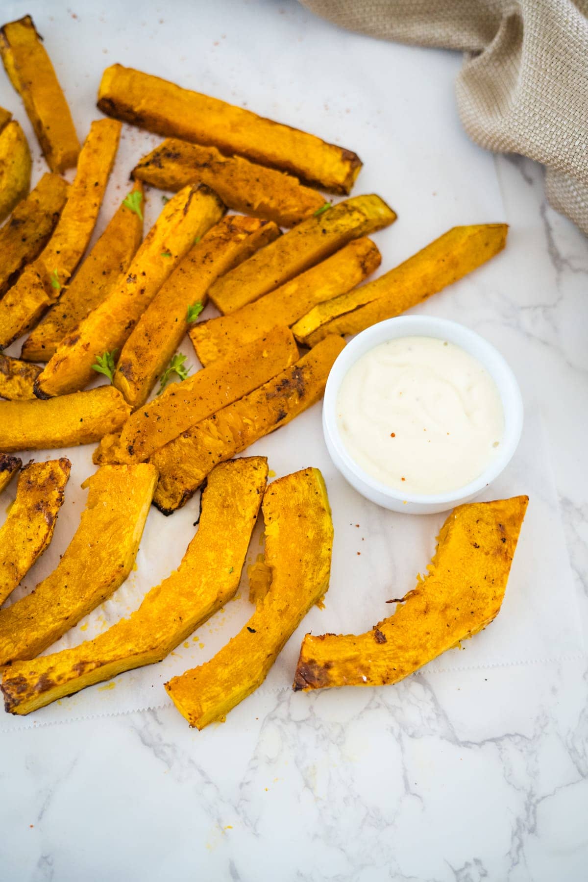 Pumpkin fries with a mayonnaise dip.