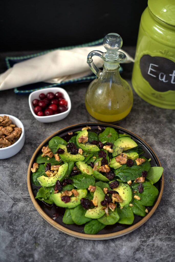 Spinach Avocado Walnut Salad With Cranberries  