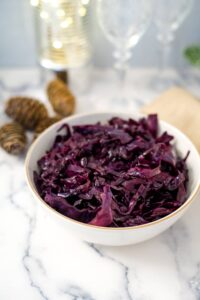 A festive bowl of shredded red cabbage.