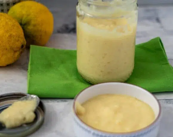 keto vegan lemon curd in jar and dish