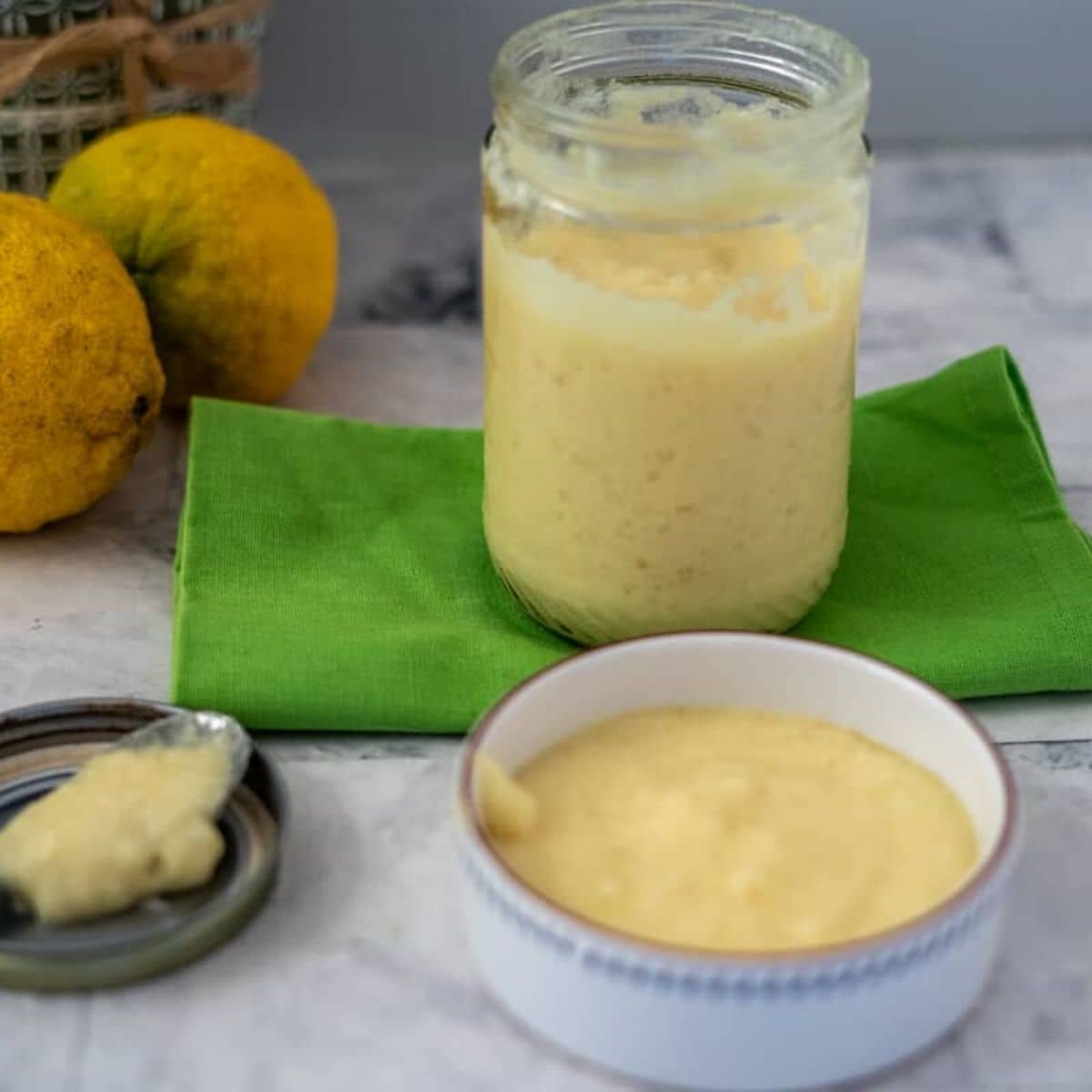 keto vegan lemon curd in jar and dish