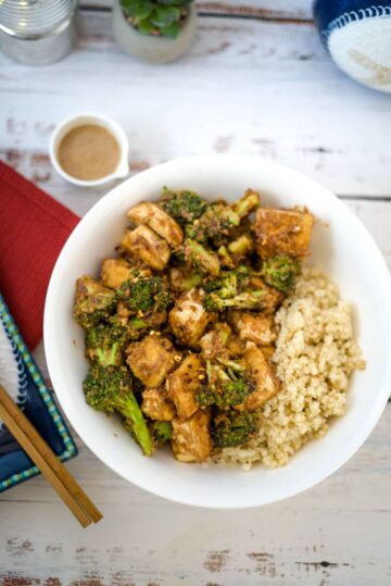 Tofu stir-fry with broccoli and rice.