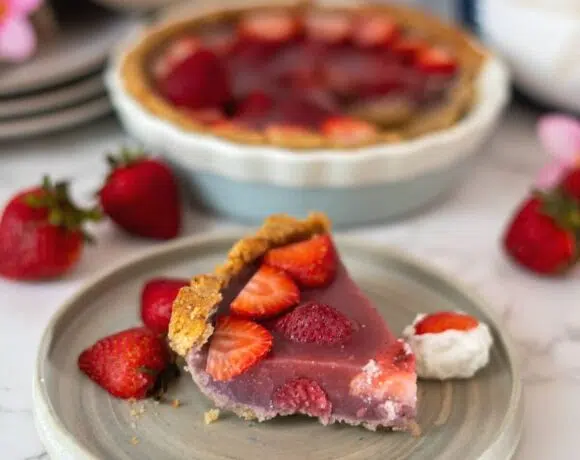 keto strawberry pie slice on a plate