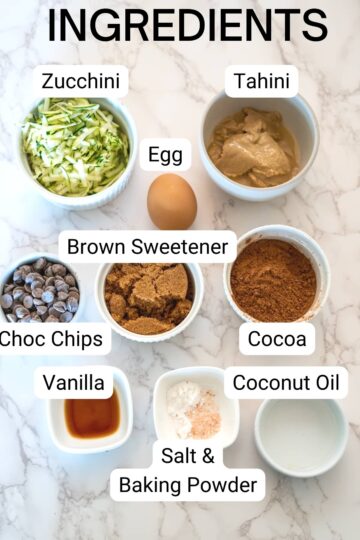 A list of ingredients for a zucchini cake with tahini.