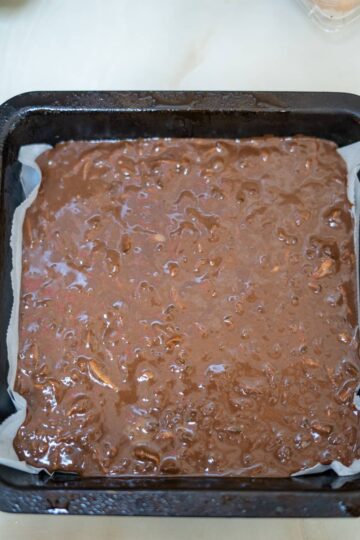 brownie mixture in tin