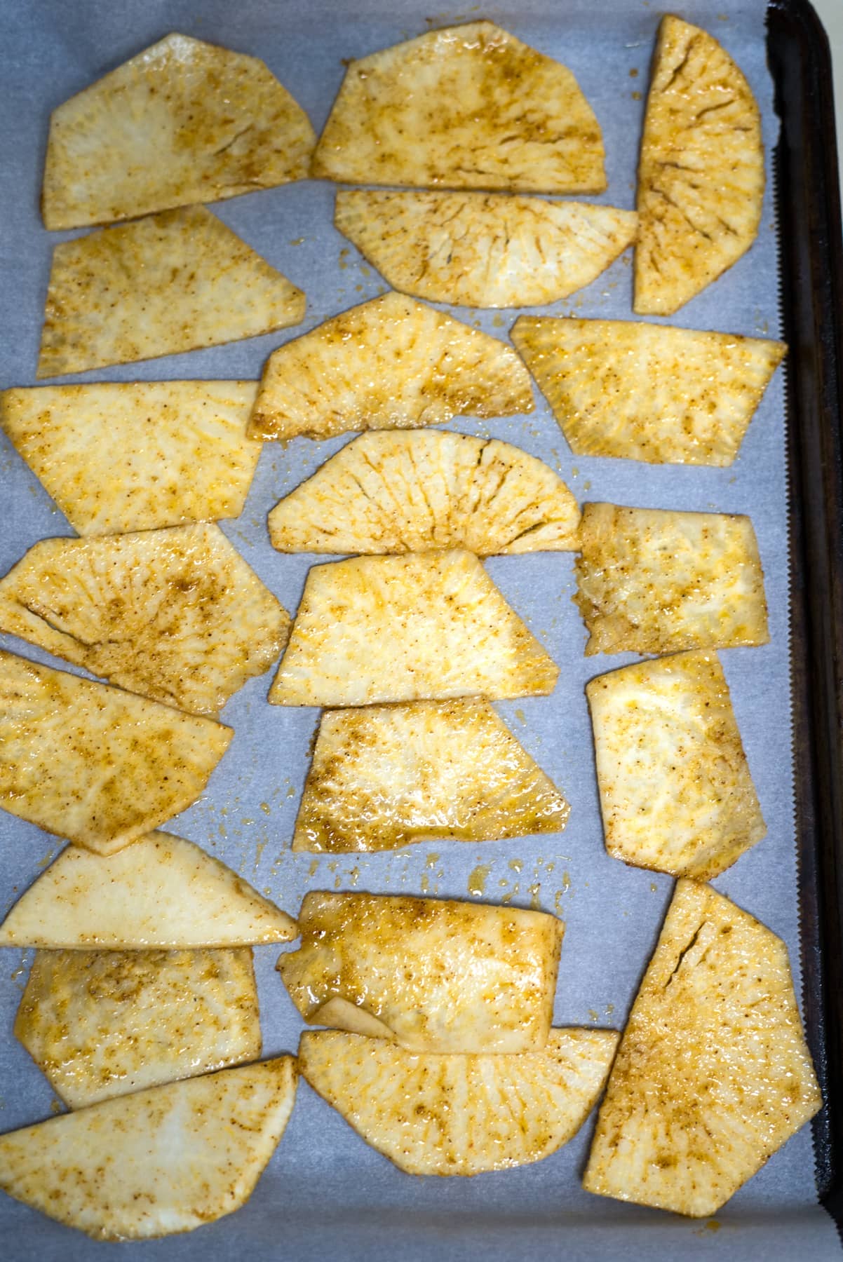 sliced turnips on tray