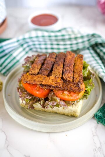 fakin bacon tempeh blt on a plate