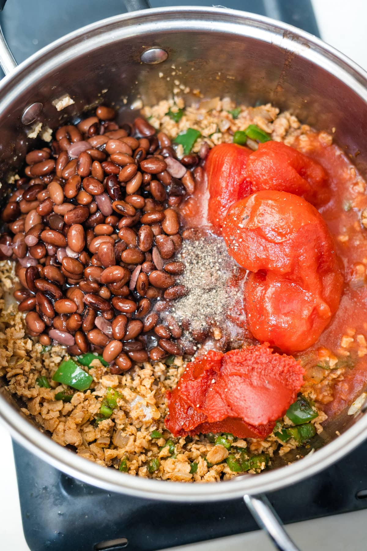 A TVP chili with beans, tomatoes and other ingredients.