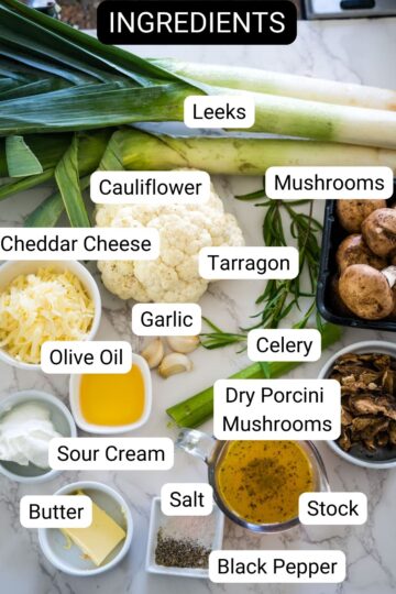 A list of ingredients for a cauliflower mushroom and leek risotto.