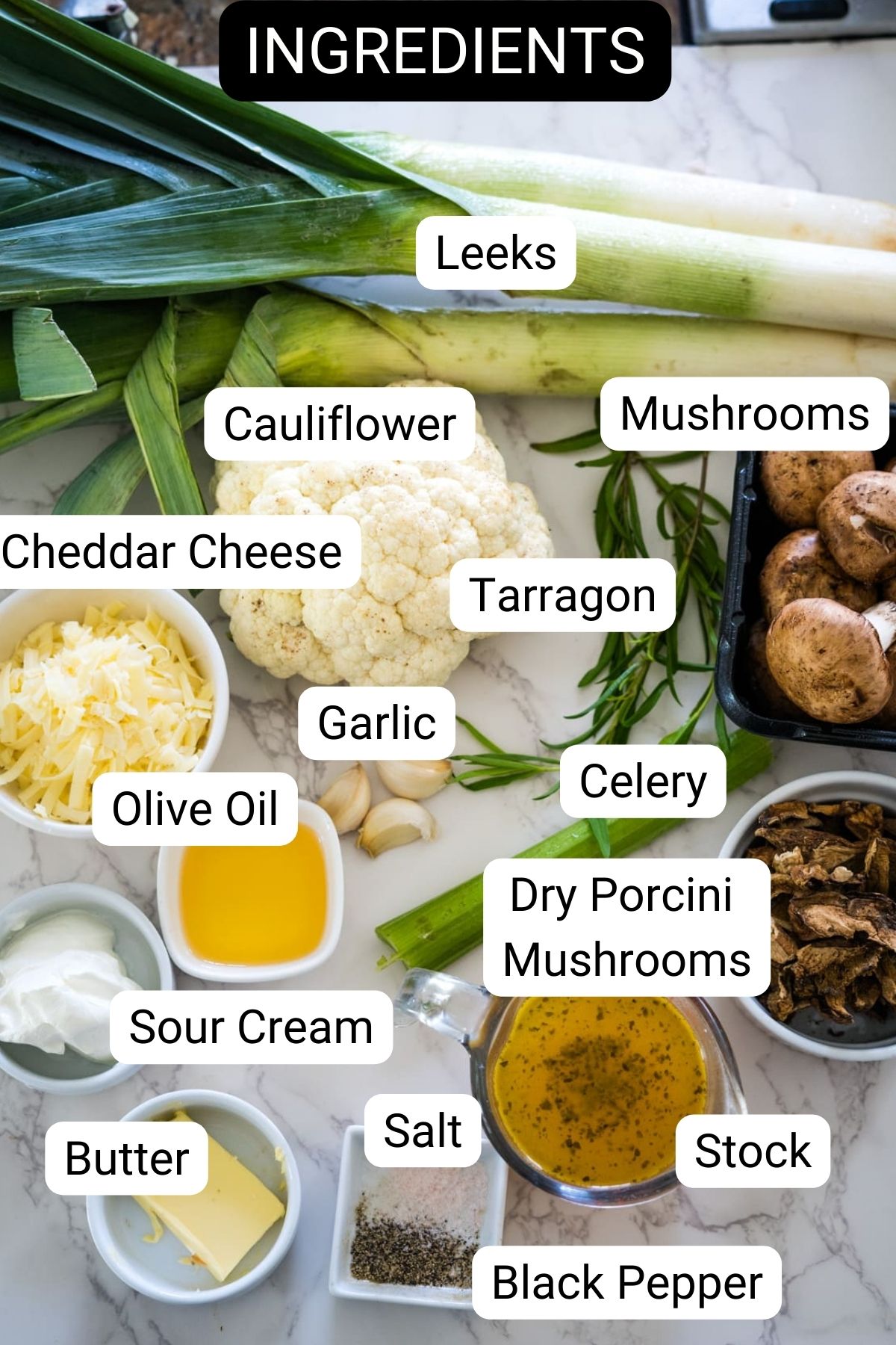 A list of ingredients for a cauliflower mushroom and leek risotto.