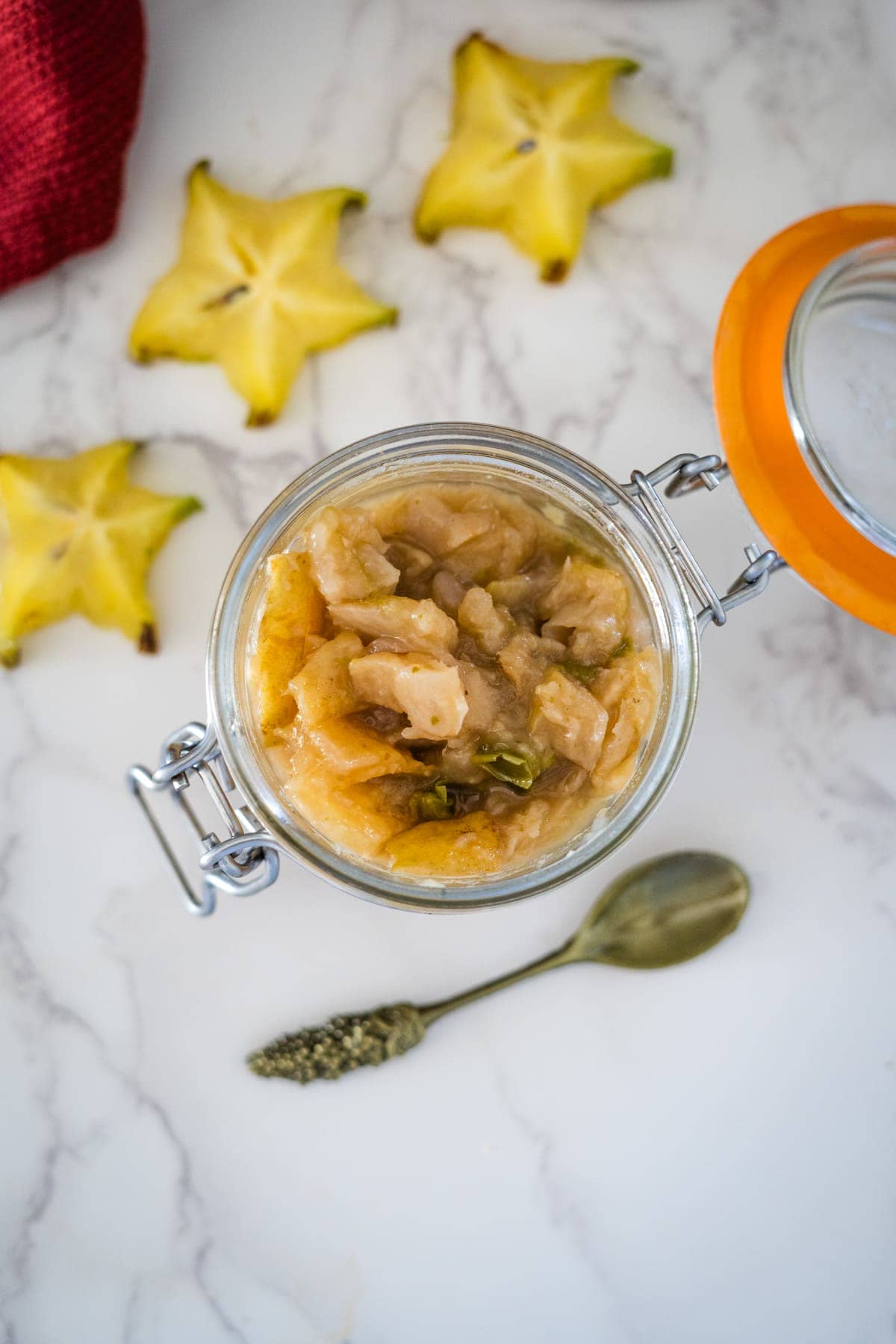 star fruit chutney in a glass dish.