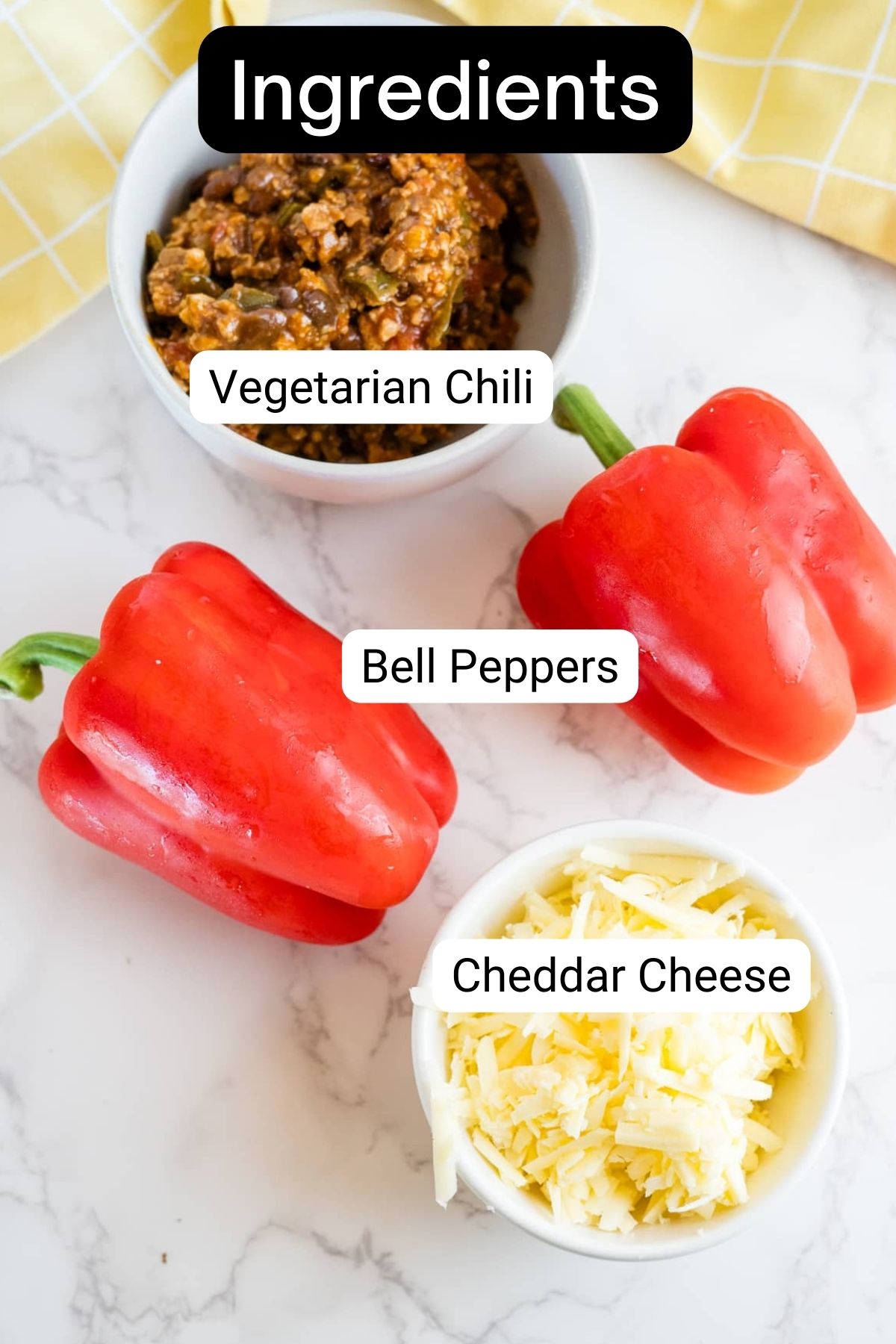 Three bowls of ingredients for a vegetarian chili.