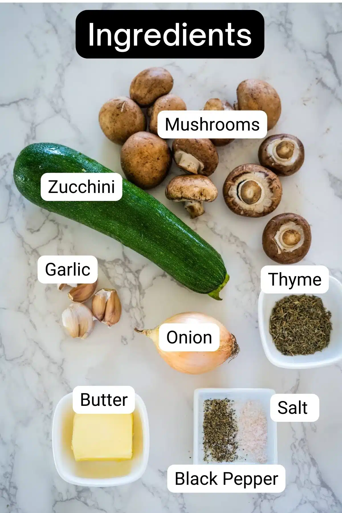         Ingredients for a recipe for zucchini and mushroom risotto.