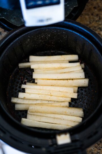Daikon fries air fried to perfection in the air fryer.