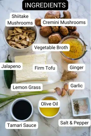 A list of ingredients for a mushroom tofu soup