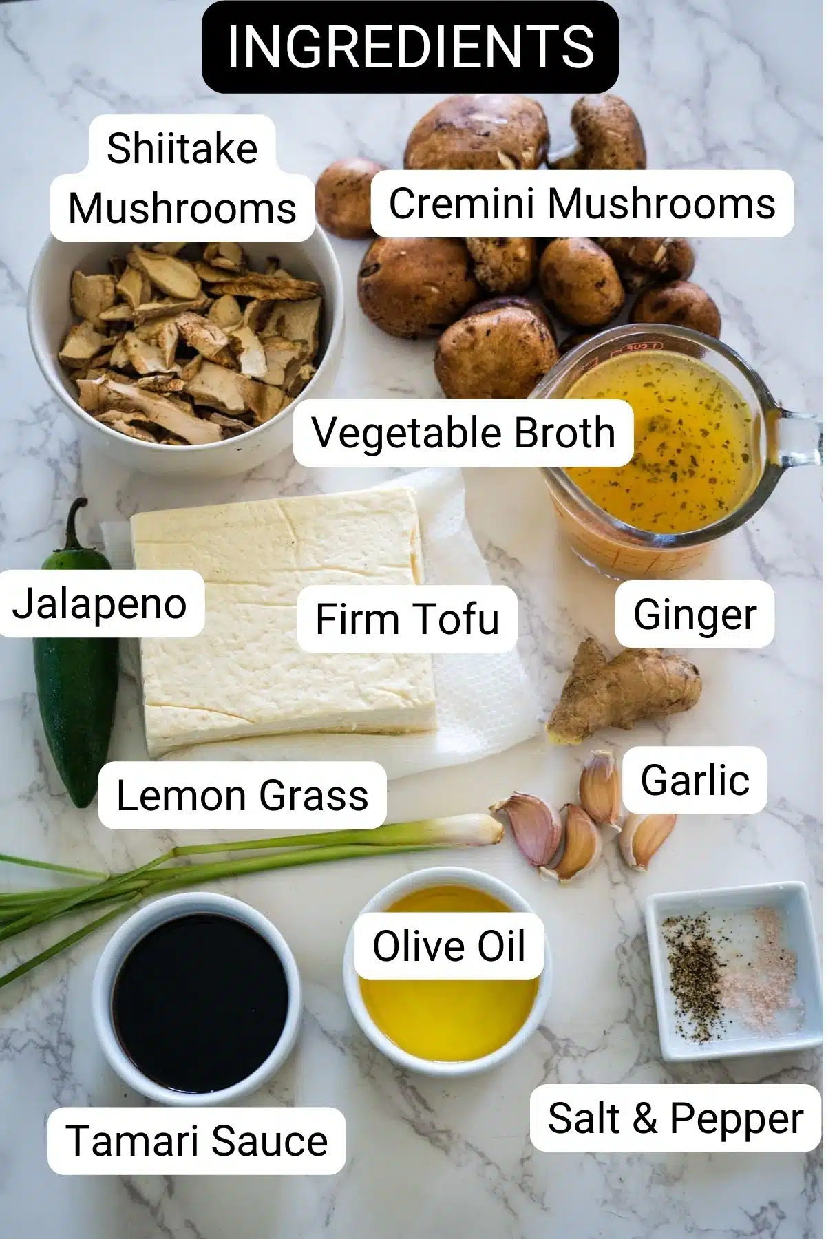 A list of ingredients for a mushroom tofu soup