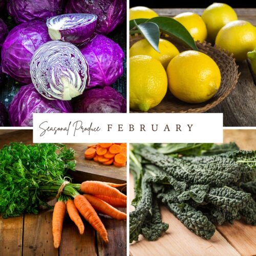 A collage of vegetables with the words special produce february.