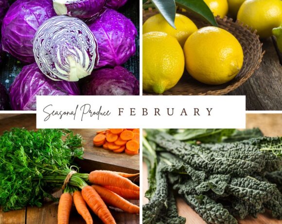 A collage of vegetables with the words special produce february.