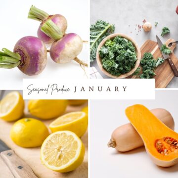 A vibrant collage of January seasonal produce, including an assortment of vegetables and fruit, cleverly arranged with the word "January" integrated throughout.