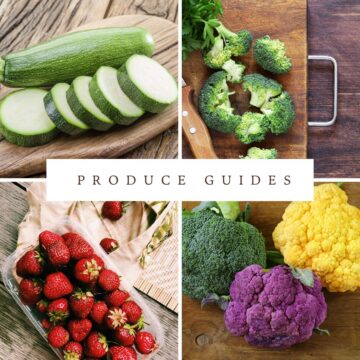A collage of fruits and vegetables featuring produce guides.
